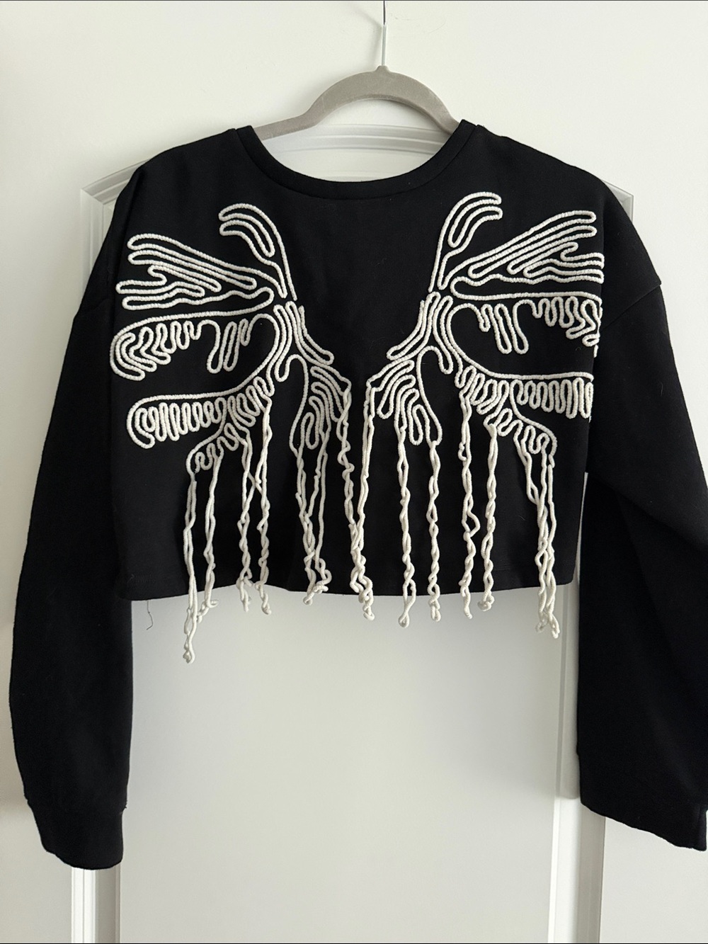 Zara Black Cropped Sweatshirt with White Rope Fringe